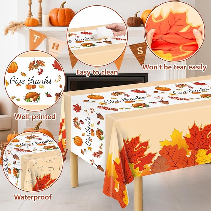 3pcs Thanksgiving Tablecloth, Thanksgiving Decorations Disposable Plastic Fall Tablecloth Maple Leaves Table Cover for Friendsgiving, Indoor and Outdoor 54 X 108 inch