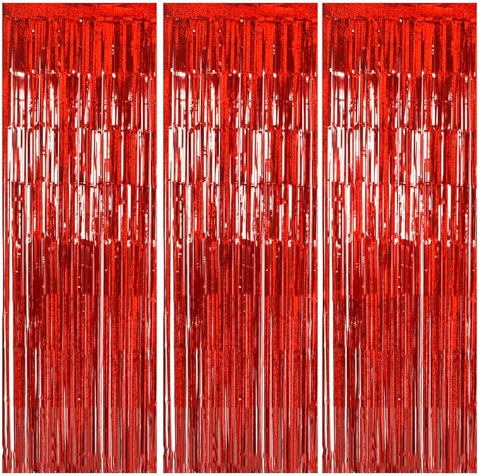 TONIFUL 3Pcs Laser Red Door Streamers,Laser Red Photo Booth Backdrop Metallic Streamers Foil Fringe Curtains for Birthday,Christmas,New Year,Bachelorette,Grad Party Streamers Decor(9.9ft x 6.6ft)