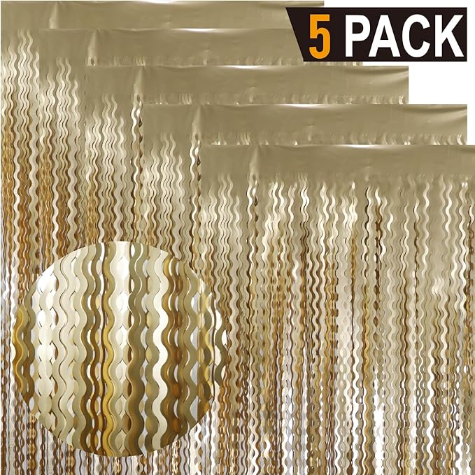 GOER Metallic Tinsel Foil Fringe Curtains Party Photo Backdrop Party Streamers for Birthday,Graduation,New Year Eve Decorations Wedding Decor (Champagne Gold,5 Packs)