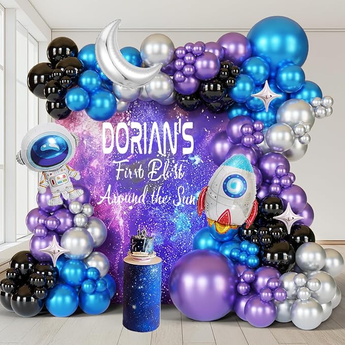 137Pcs Space Balloon Arch Garland Kit with Metallic Blue Purple Silver Black Rocket Astronaut Moon Star Balloons for Nasa Party Decor, Outer Space Party Supplies, Galaxy Theme Birthday