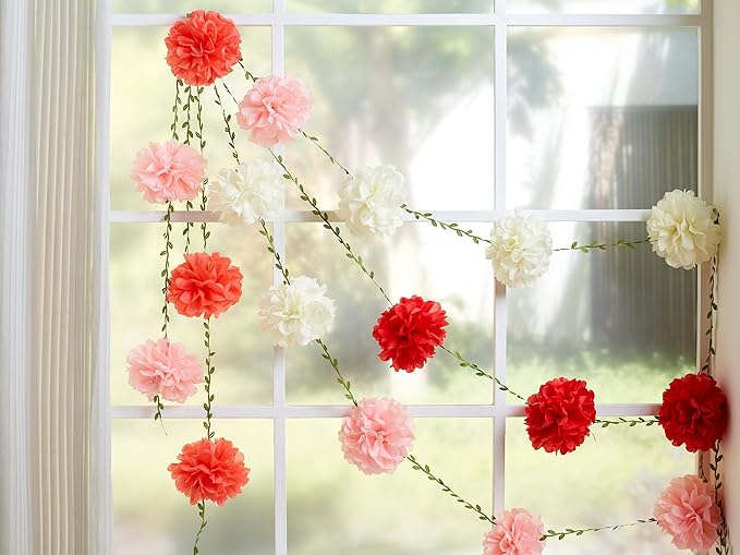 Sahoottie 2 Pcs Pink and Rose Hanging Paper Flower Garland, 8.2 FT Rose Ombre Tissue Paper Flower Garland, Rose Pink Gradient Pom Pom Garland for Wedding Backdrop Bridal Shower