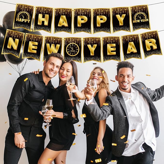 Happy New Year Decorations 2026 - Black Gold New Year Party Banner - Reusable New Years Eve Party Supplies 2026 (Style B)