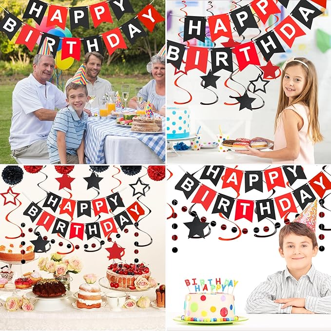 Red and Black Birthday Decorations, Black Happy Birthday Banner, Red Happy Birthday Decorations for Men Women and Girls Birthday Party Decorations