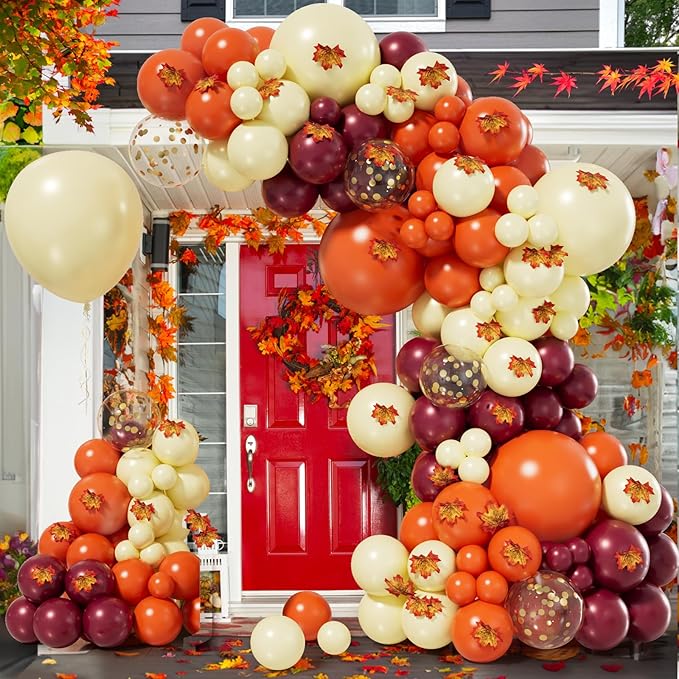 Bonropin 193pcs Fall Balloons Arch Garland Kit with Pastel Yellow Orange Burgundy Gold Confetti Balloons Maple Leaves for Fall Birthday Party Baby Shower Autumn Thanksgiving Friendsgiving Decorations