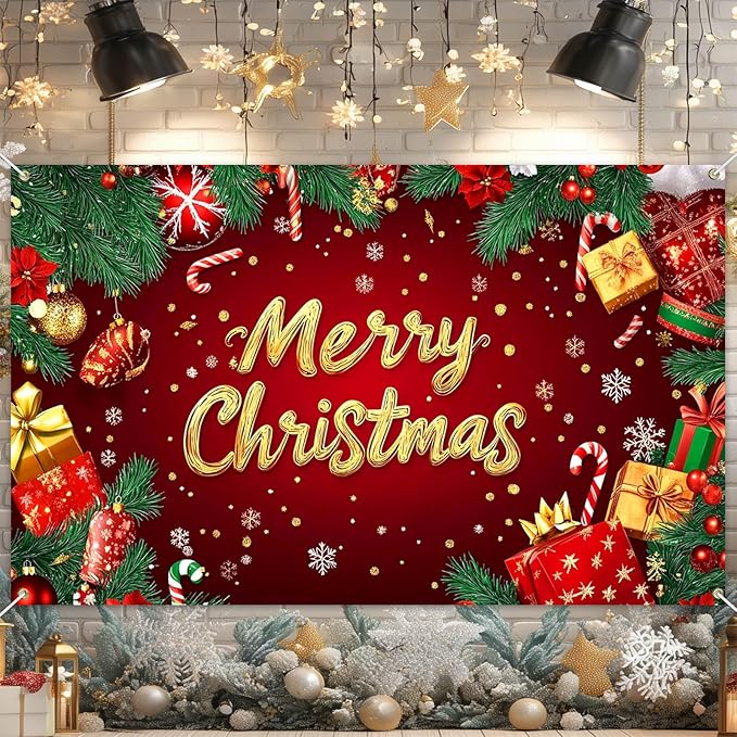 Merry Christmas Banner Red Gold Gifts Snowflakes Candy Canes 71x43 Inch Holiday Decorations for Indoor Outdoor Party Supplies Xmas Home Decor Festive Backdrop Celebration