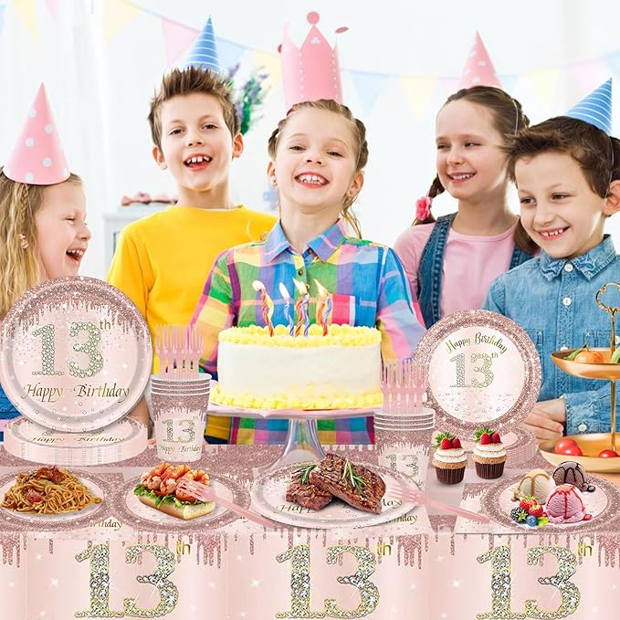 121Pcs 13th Birthday Party Supplies Plates Napkins Cups Forks Tablecloth Rose Gold Happy 13th Birthday Themed Disposable Tableware Decorations Serves 24 Guests for Girls Her 13 Years