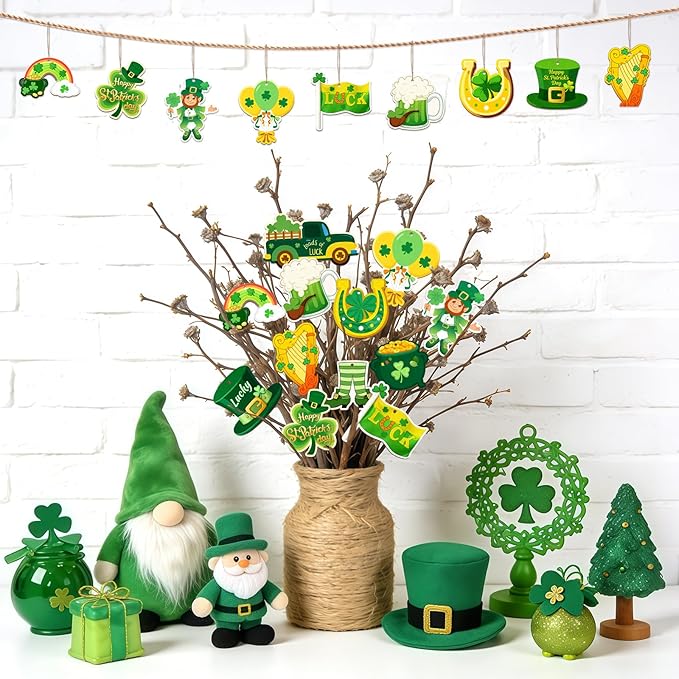 36PCS Wooden St. Patrick's Day Ornaments to Paint Shamrock Cutout Decorations,12 Styles DIY Blank Unfinished Wood Shamrock Cutouts Ornament for Tree Home Crafts Hanging, Hat Beer Gifts Indoor Spring