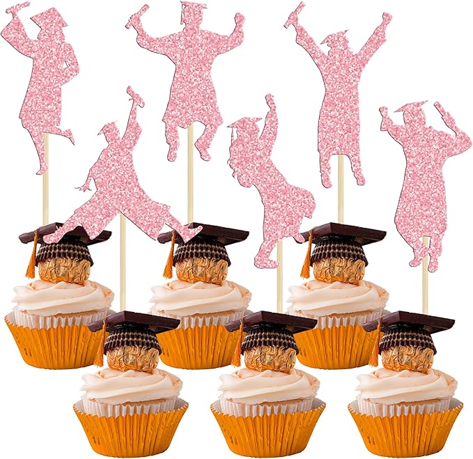 Gyufise 24Pcs 2026 Student Graduation Cupcake Toppers Glitter Class of 2026 Boys Girls Graduate Cap Cupcake Picks for 2026 Graduation Theme Party Cake Decorations Supplies Pink