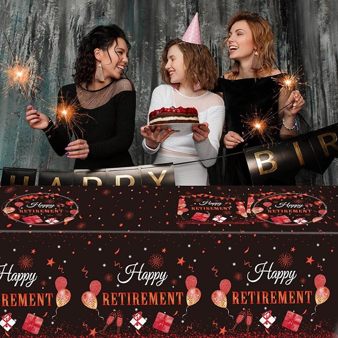 41PCS Retirement Party Supplies,Black Red Happy Retirement Party Decorations for Women Retired Paper Plates and Napkins Plastic Tablecloth for Women Going Away Disposable Dinnerware Set