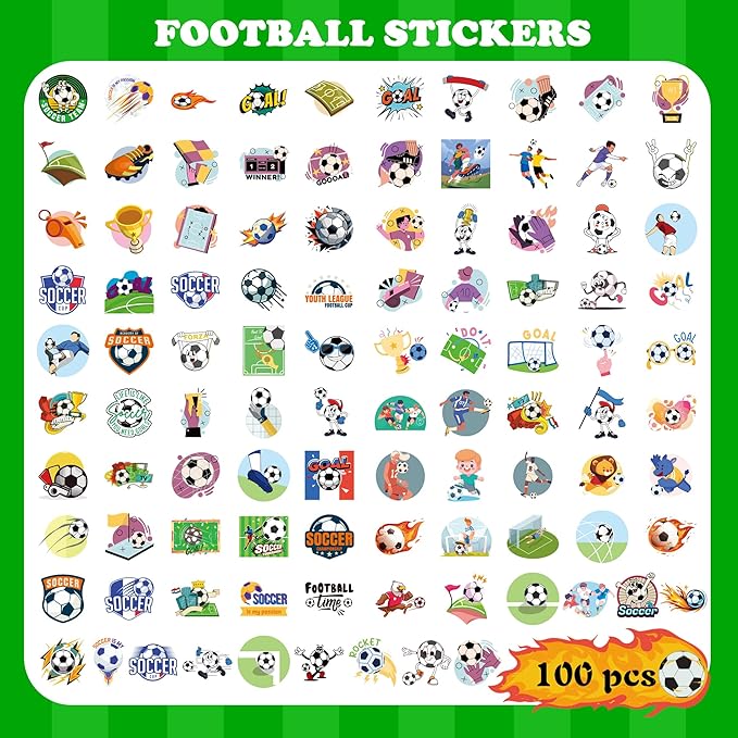 Soccer Party Favors - 100 PCS Soccer Stickers for Kids | Water Bottle,Laptop Sports Football Stickers for Toddlers - Activities Birthday Toys Games Crafts Gifts for Goodie Bags Gift Bags