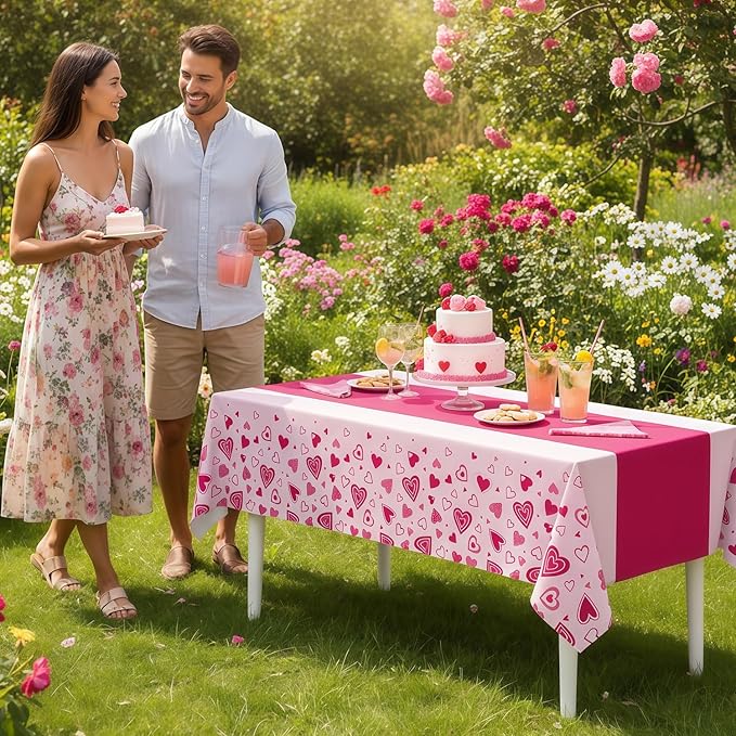 Valentine's Day Tablecloth 3-Pack, 54x108 Inch Disposable Plastic Table Covers, Pink Heart Themed Decor for Romantic Party, Galentine‘s Day and Mother's Day Table Decorations