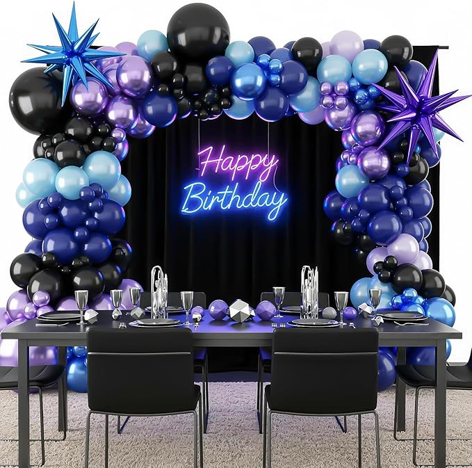 Black Purple Blue Balloon Arch Garland Kit, Metallic Blue Purple Balloons Kit with Stars Foil Balloon for Video Game Theme Party Birthday Baby Shower Engagement Decor Supplies
