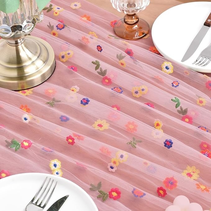 Joanlody Blushing Pink Embroidery Daisy Valentine’s Day Table Runner Florals Seasonal Easter Tulle Table Runner Holiday Kitchen Dining Table Decoration for Home Party Indoor