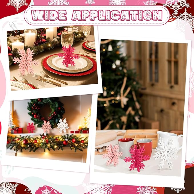 Bucherry 12 Pcs Wooden Snowflake Table Decor 3D Snowflake Tabletop Signs and Centerpiece for Christmas Xmas Winter Wonderland Decorations Home Party(White, Pink, Rose Red)