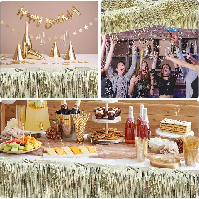 BEISHIDA 3 Packs Metallic Foil Fringe Garland Laser Champagne Wall Hanging Tinsel Fringe Banners for Car Floats Birthday Baby Bridal Shower Wedding Graduation Holiday Party Decoration(30 Feet)