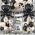 Black Bow Birthday Party Decorations, Coquette Bow Black Sand White Beige Balloons with Bows Decor Happy Birthday Banner Fringe Curtain for Women Girls Bows Theme Bachelorette Baby Shower Party