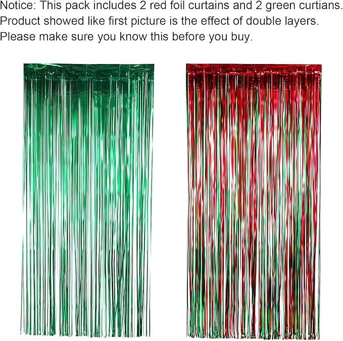 Sumind 4 Pack Foil Curtains Metallic Fringe Shimmer Curtain for Birthday Wedding Party Christmas Decorations (Red and Green)