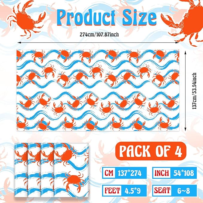 Juexica 4 Pcs 54 x 108 Inch Crab Boil Party Table Cloth Summer Seafood Party Supplies Plastic Crab Tablecover Decorations Rectangular for Sea Animals Dining Kitchen Centerpiece (Blue Waves Style)