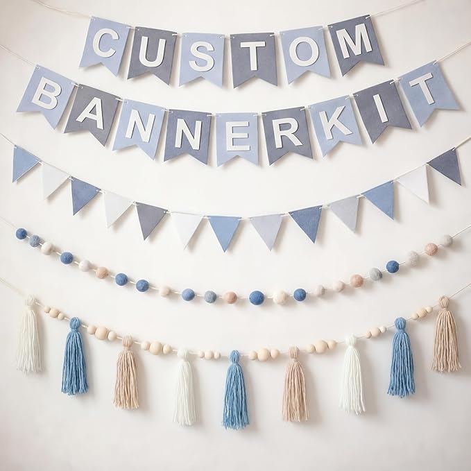 139 Pcs Felt DIY Custom Banner Kit Include 104 Letters 18 Swallowtail Flags 15 Pennants 2 Pcs Pom Pom Garland Tassel Pompom Decoration for Home Baby Shower Birthday(Baby Blue)