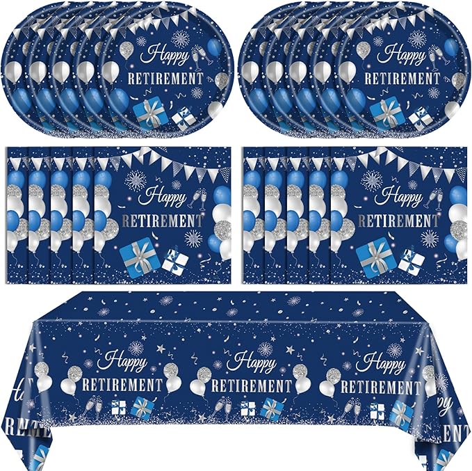 41PCS Retirement Party Decorations Blue Silver Happy Retirement Decorations for Men Women Include Paper Plates Napkins Tablecloth Set for Men Woman Farewell Party Tableware ,Serves 20
