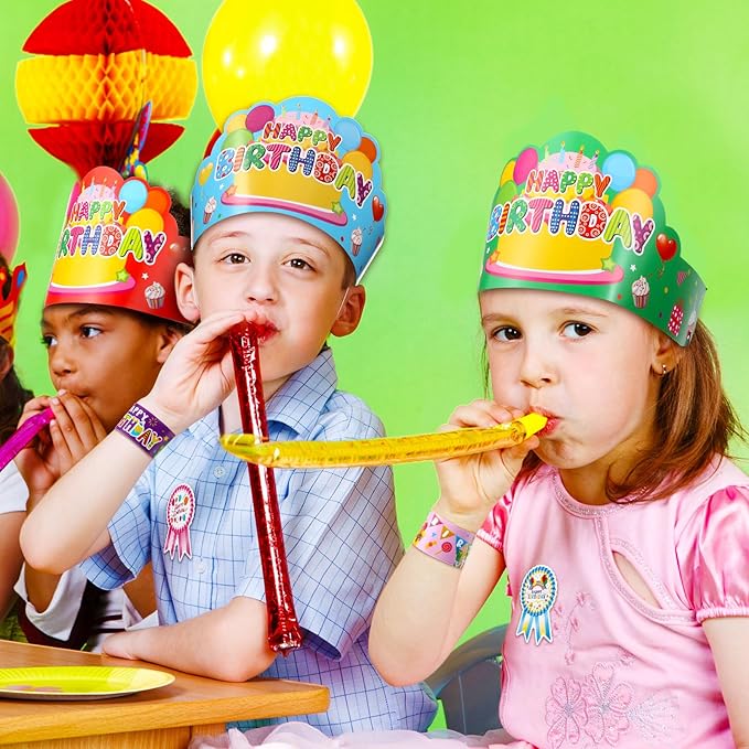 Yunsailing 108 Pcs Happy Birthday Party Supplies for Kids Include 36 Birthday Paper Crowns 36 Badge Stickers and Slap Bracelets for Classroom School Party Supply(Bright Color)