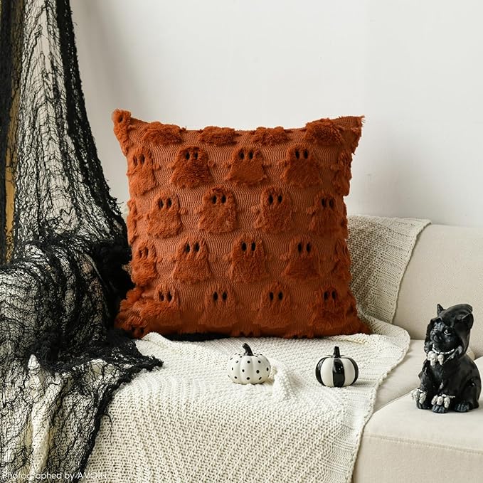 AVOIN colorlife Halloween Ghost Caramel Throw Pillow Cover Set of 2, 16 x 16 Inch Soft Plush Faux Fur Jacquard Spooky Cushion Case Decoration for Sofa Couch