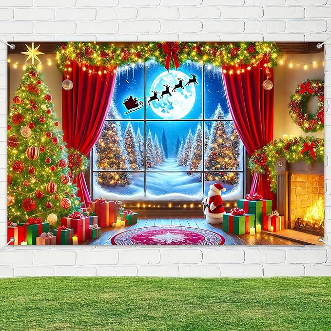Merry Christmas Backdrop 71x43 Inch Winter Forest Photography Banner with Santa Sleigh Fireplace Moon Scene and Red Curtain Decorations for Holiday Party Wall Display