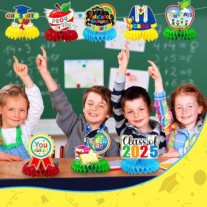 JULMELON 8PCS Preschool Graduation Party Decorations 2026 Honeycomb Centerpiece, 3D Kindergarten Graduations Centerpieces for Tables Congrats Grad Table Toppers for Prek Graduation Party Supplies