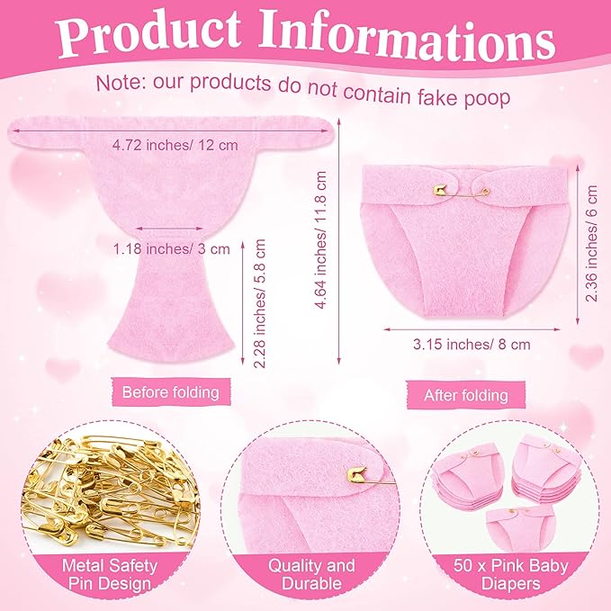 Roowest 51 Pcs Dirty Diaper Baby Shower Games Funny Wooden Sign with 50 Pcs Mini Diapers Cute Felt for Gender Reveal Party Baby Shower(Greenery Pink)