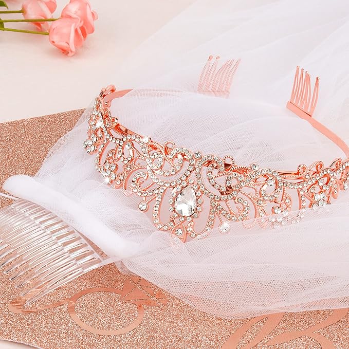 CIEHER Crown + Bride To Be Sash + Veil Set, Bachelorette Party Bridal Shower Decorations Bachelorette Gift for Women