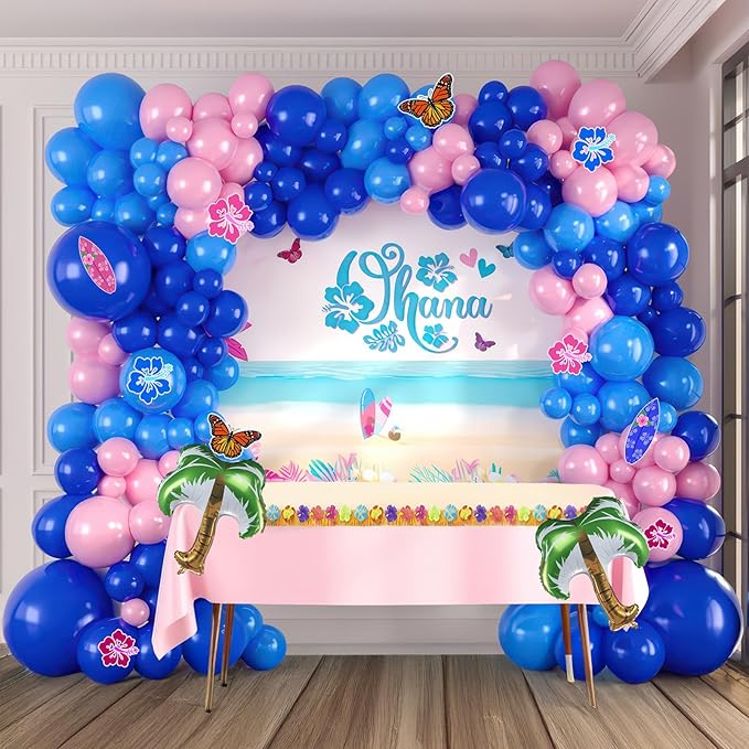 Blue and Pink Balloon Garland Arch Kit with Coconut Tree foil balloons ohana Backdrop Hibiscus Flower Paper Card for Summer Hawaii gender reveal Baby shower Hawaii cartoon birthday party decorations