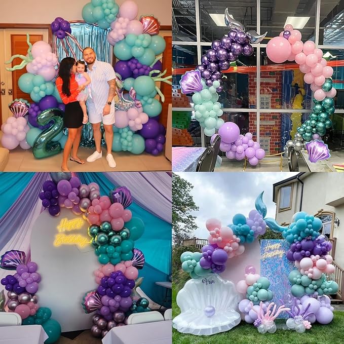 Mermaid 3rd Birthday Decorations for Girls,3rd Party Decorations Metallic Purple Green Pink Blue Latex Balloons Number 3 Seashell Foil Balloons Banner Cake Topper Sea Party Decor