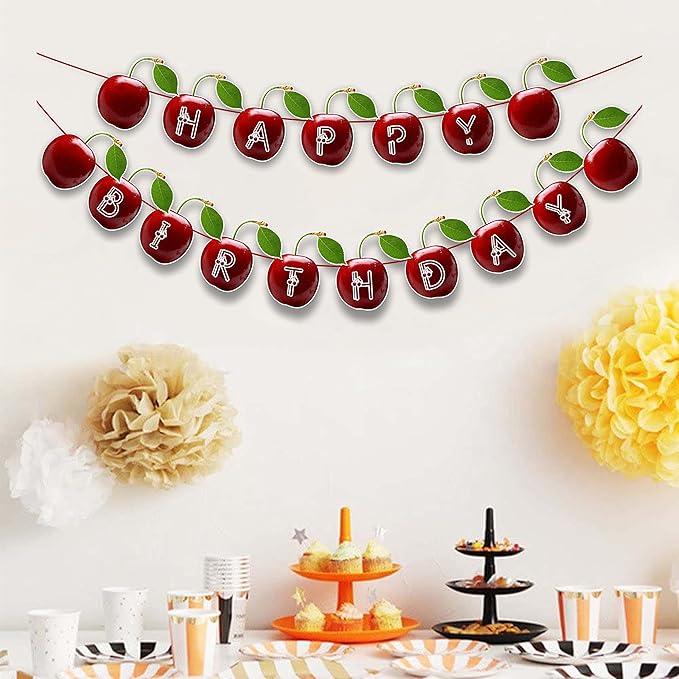 Cherry Happy Birthday Banner – Fruit-Themed Birthday Decoration Banner for Indoor Party Setup, Wall Hanging Display, Dessert Table Background, Photo Booth Backdrop, and Creative Birthday