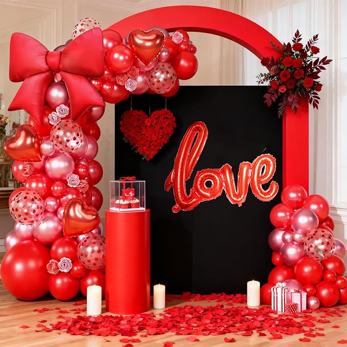 Red Balloons Arch Kit, Metallic Red Pearl Balloon Valentine Garland Arch, Heart Confetti Balloons Bow Heart Love Foil Balloon For Valentine's Day Birthday Baby Shower Party Wedding Engagement Decor