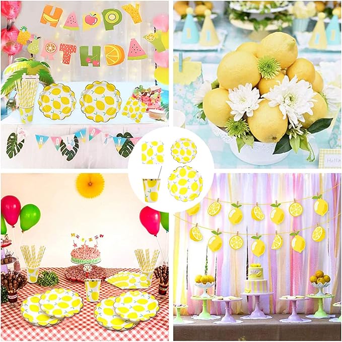 MaitianGuyou Lemon Party Decorations Disposable Dinnerware Set, Include Yellow Paper Plates, Cups, Straws and Napkins,Fruits Tableware Set for Lemonade Themed Birthday Decorations