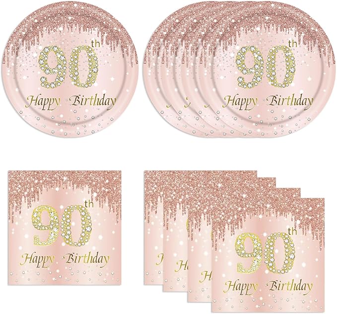 90th Rose Gold Birthday Plates and Napkins, 9 Inch Pink Rose Gold Disposable Dinner Dessert Plates Happy 90th Birthday Party Supplies Decorations for Girls Women