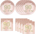 90th Rose Gold Birthday Plates and Napkins, 9 Inch Pink Rose Gold Disposable Dinner Dessert Plates Happy 90th Birthday Party Supplies Decorations for Girls Women