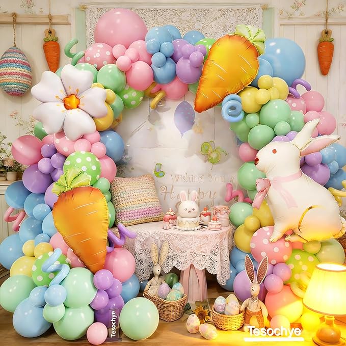 Easter Balloon Garlan Arch Kit with Bunny, Carrot, Daisy Foil Balloons,Pastel Balloon Garland Kit,Dot Printed Balloons for Easter Party Decorations Spring Birthday Decorations
