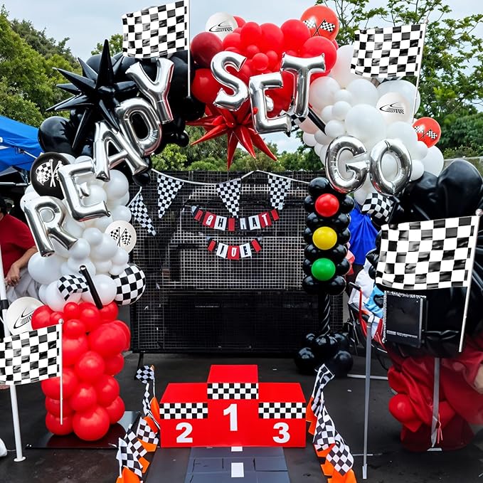 Race Car Balloon Arch Garland Kit, Red Black White Party Latex Balloons with Checkered Flags for Boy Racing Car Themed Birthday Party Decorations Baby Shower Transportation Backdrop Supplies