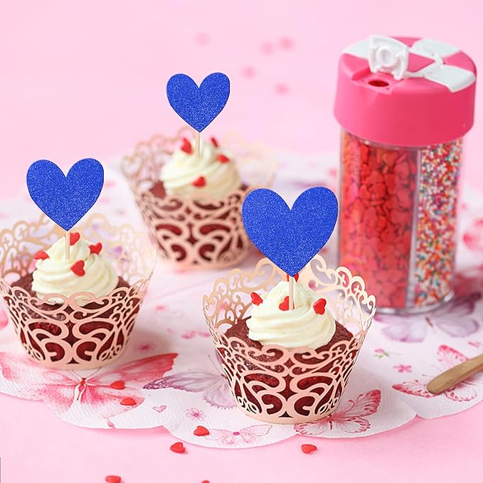30 PCS Love Heart Cupcake Toppers Glitter Bridal Shower Sweet Love Cupcake Picks for Wedding Engagement Valentine's Day Baby Shower Birthday Party Cake Decorations Supplies Deep Blue