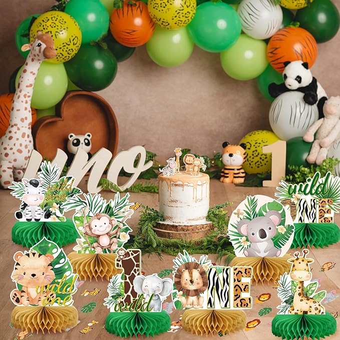 Wild One Birthday Decorations Jungle Baby Shower Honeycomb Centerpieces for Boys and Girls,8 Pcs Safari Centerpieces and Confetti Table Decorations, Safari Jungle Animals Party Decor