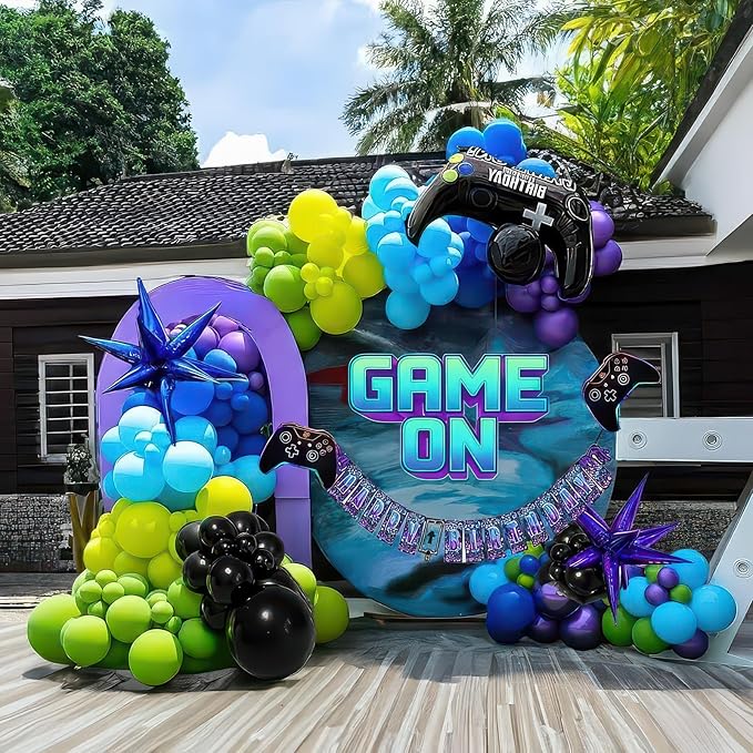 Video game balloon garland arch kit 140pcs purple blue green black balloons with Diy star controller mylar balloon for gamer night Birthday party decorations