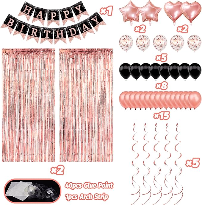 Rose Gold Black Birthday Decorations, Happy Birthday Banner, Confetti Balloons, Fringe Curtain, Heart Star Foil Balloons, Hanging Swirls for Women Girls Princess Party Decorations