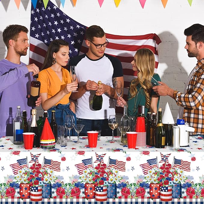6 Pack 4th of July Tablecloth Decorations, Vase Flower Patriotic Plastic Table Cover, Red White and Blue Decorations with Star Stripe Sign for Patriotic Independence Veterans Memorial Day, 54x108 Inch