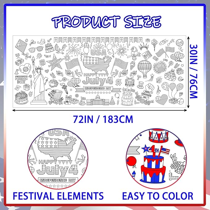 4th of July Coloring Tablecloth Patriotic Giant Poster 30x72 Inch Independence Day Coloring Poster DIY Statue of Liberty American Flag Themed, for School Classroom Wall Home Party Suppiles