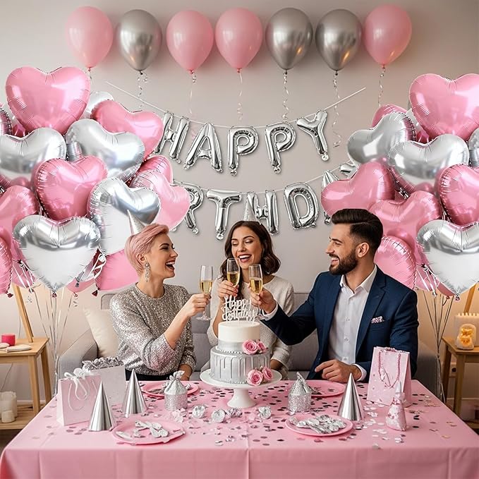 TONIFUL 30Pcs 18 Inch Silver Pink Balloons Heart Shape Foil Mylar Banners Decoration for Birthday Valentine's Day Wedding Bridal Shower Anniversary Engagement Party Supplies