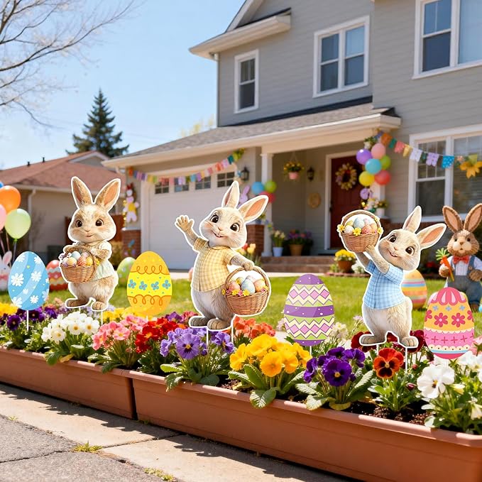16 PCS Outdoor Easter Decorations, Easter Bunny and Eggs Yard Signs with Stakes, Waterproof Spring Garden Lawn Signs for Party Spring Garden Patio Holiday Display Supplies