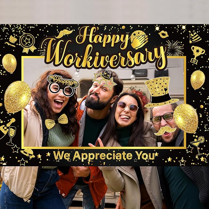 We Appreciate You Thank You Decorations Happy Work Anniversary Decorations Black Gold Selfie Photo Frame & 25pcs Photo Booth Props for Employee Staff Teacher Doctor Graduation Party Decor Supplies