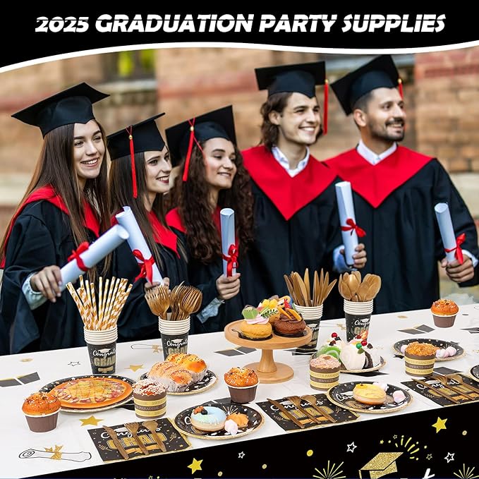 Graduation Party Supplies Congrats Grad Decorations Class of 2025, Disposable Plates and Napkins with Banner Tablecloth Cups Dinnerware Sets for Graduation Decor, Serves 24 (Black and Gold)