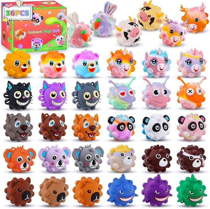 36 PACK Animal Pop Balls Party Favors for Kids, 3D Pop Fidget Balls Toys Bulk, Gifts for Boys & Girls, Goodie Bag Stuffers, Pinata Stuffers, Treasure Box Toys, Prizes for Kids